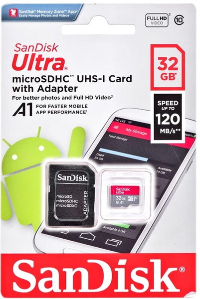 Карта памяти SanDisk 32 GB microSDHC UHS-I V30 Class 10 Ultra (SDSQUA4-032G-GN6MA)